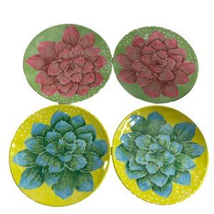 Zak! Designs Set of 4 Melamine Plates Floral Flowers Pink Green Yellow 9"